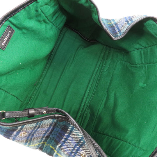 BALENCIAGA Tote Bag 339933 wool green Navy Cabas Check Pattern Women Used Authentic