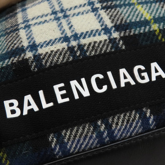 BALENCIAGA Tote Bag 339933 wool green Navy Cabas Check Pattern Women Used Authentic