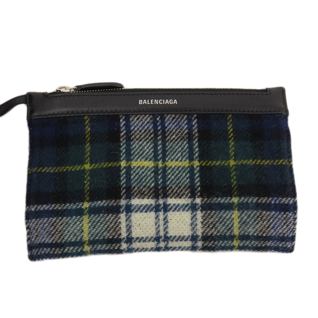 BALENCIAGA Tote Bag 339933 wool green Navy Cabas Check Pattern Women Used Authentic