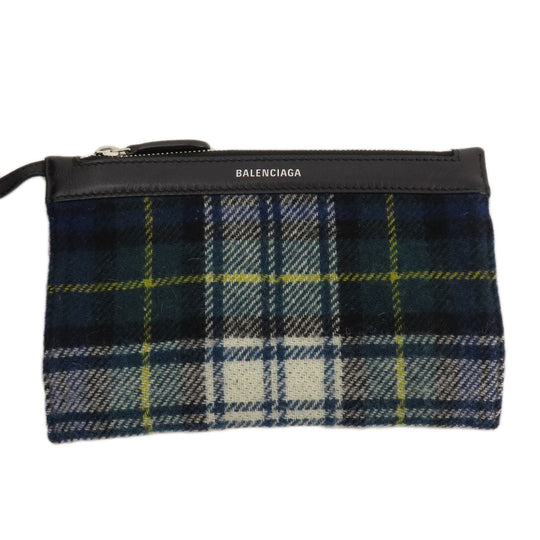 BALENCIAGA Tote Bag 339933 wool green Navy Cabas Check Pattern Women Used Authentic