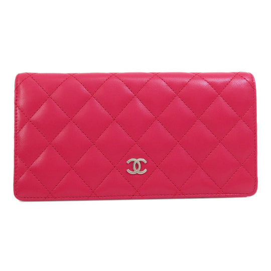 CHANEL Long Wallet Purse lambskin Red Matelasse SilverMetal