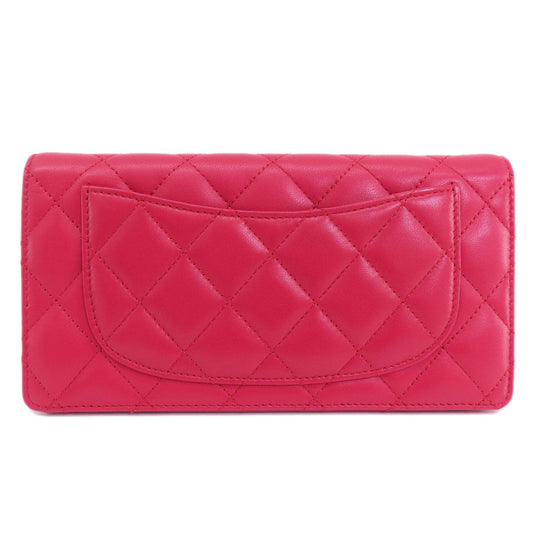 CHANEL Long Wallet Purse lambskin Red Matelasse SilverMetal