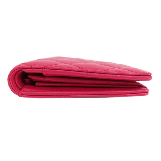 CHANEL Long Wallet Purse lambskin Red Matelasse SilverMetal