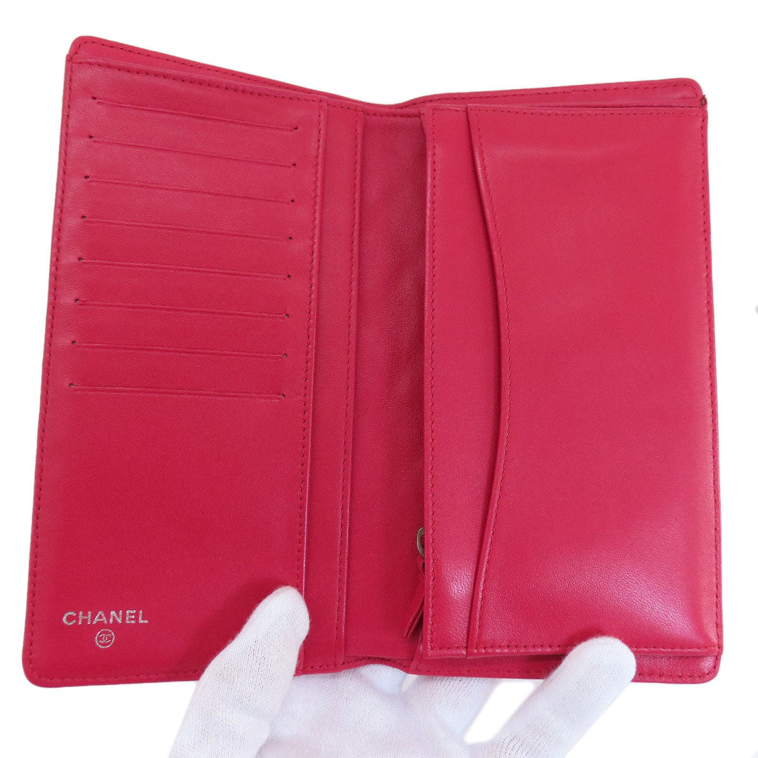 CHANEL Long Wallet Purse lambskin Red Matelasse SilverMetal