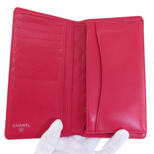 CHANEL Long Wallet Purse lambskin Red Matelasse SilverMetal