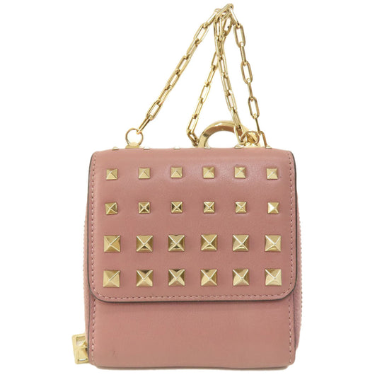 Valentino Bifold Wallet leather pink Studs Women Used Authentic