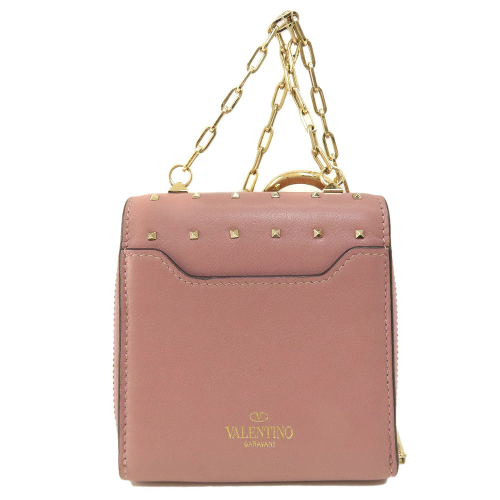 Valentino Bifold Wallet leather pink Studs Women Used Authentic