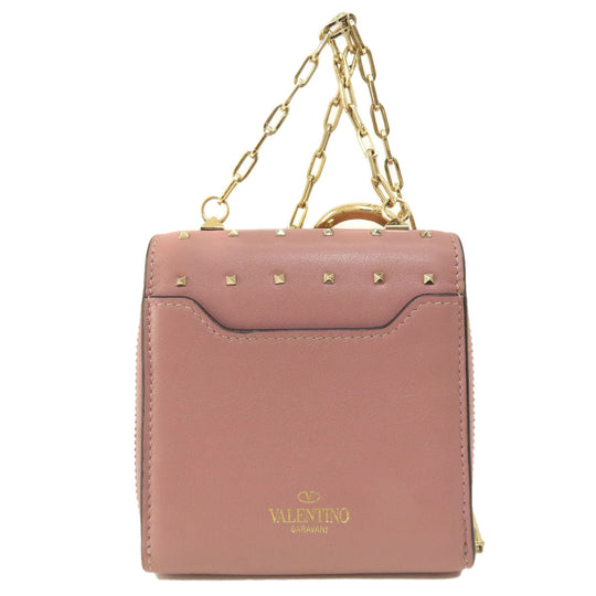 Valentino Bifold Wallet leather pink Studs Women Used Authentic