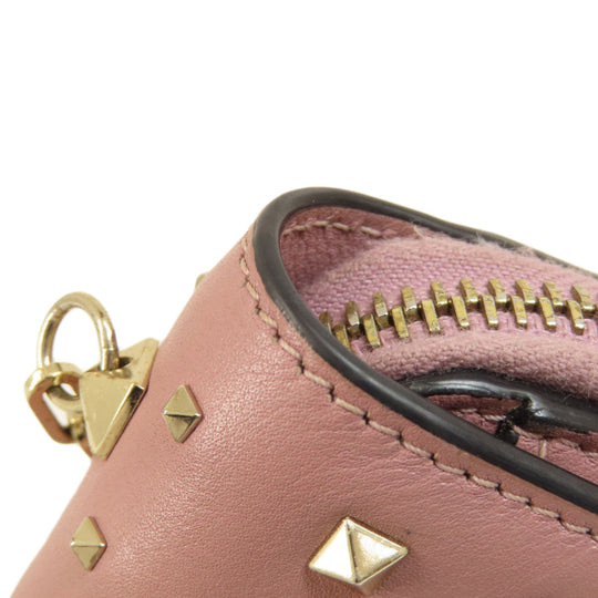 Valentino Bifold Wallet leather pink Studs Women Used Authentic