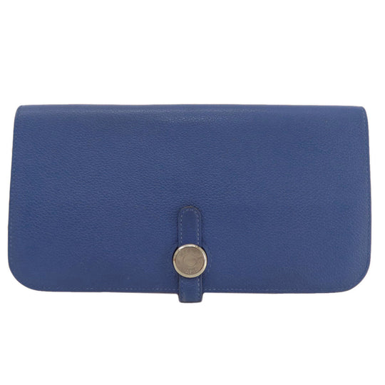 HERMES Long Wallet Purse Calfskin blue Dogon Long SilverMetal Women Used Authentic