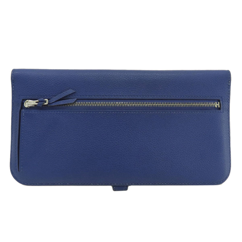 HERMES Long Wallet Purse Calfskin blue Dogon Long SilverMetal Women Used Authentic