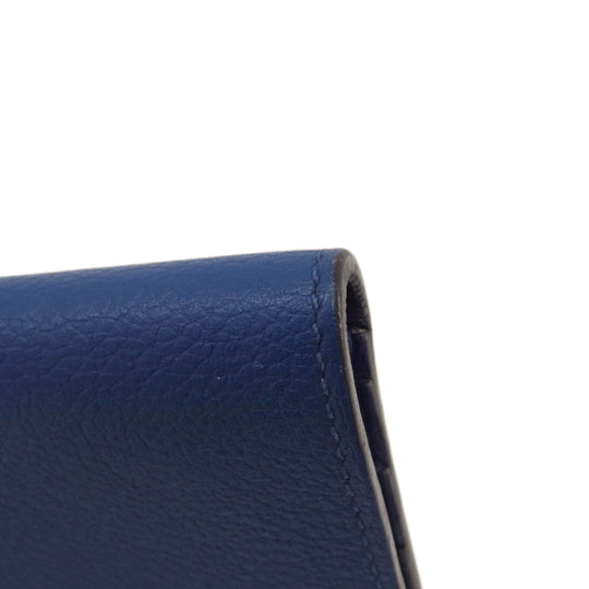 HERMES Long Wallet Purse Calfskin blue Dogon Long SilverMetal Women Used Authentic