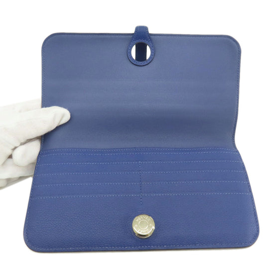 HERMES Long Wallet Purse Calfskin blue Dogon Long SilverMetal Women Used Authentic