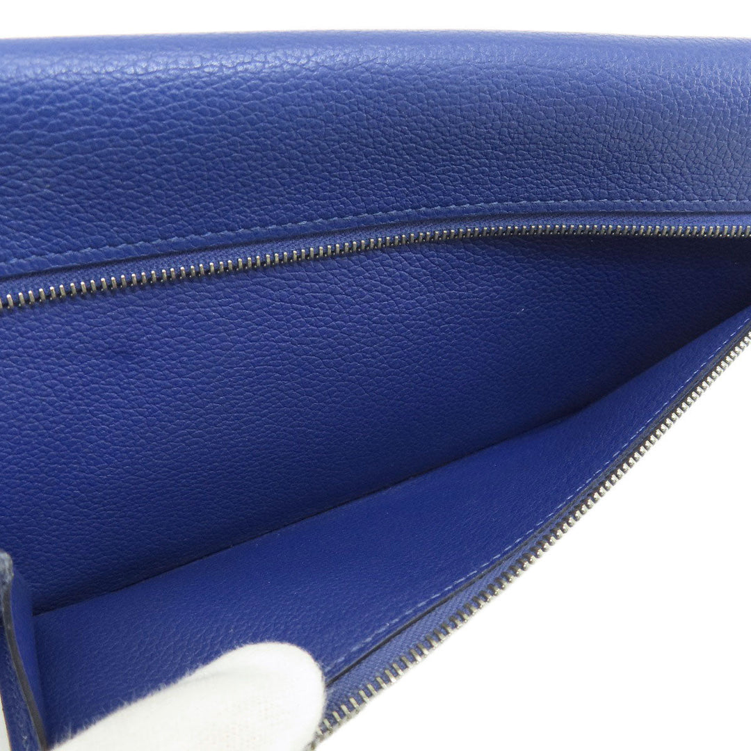 HERMES Long Wallet Purse Calfskin blue Dogon Long SilverMetal Women Used Authentic