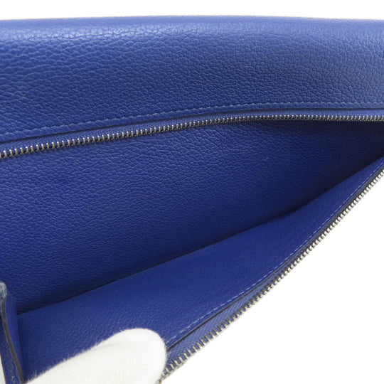 HERMES Long Wallet Purse Calfskin blue Dogon Long SilverMetal Women Used Authentic