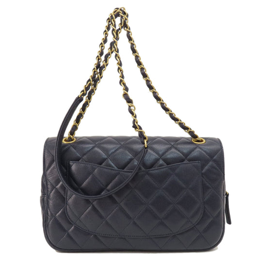 CHANEL Shoulder Bag Grained Calfskin Skin Navy Matelasse ChainShoulder Gold Metal