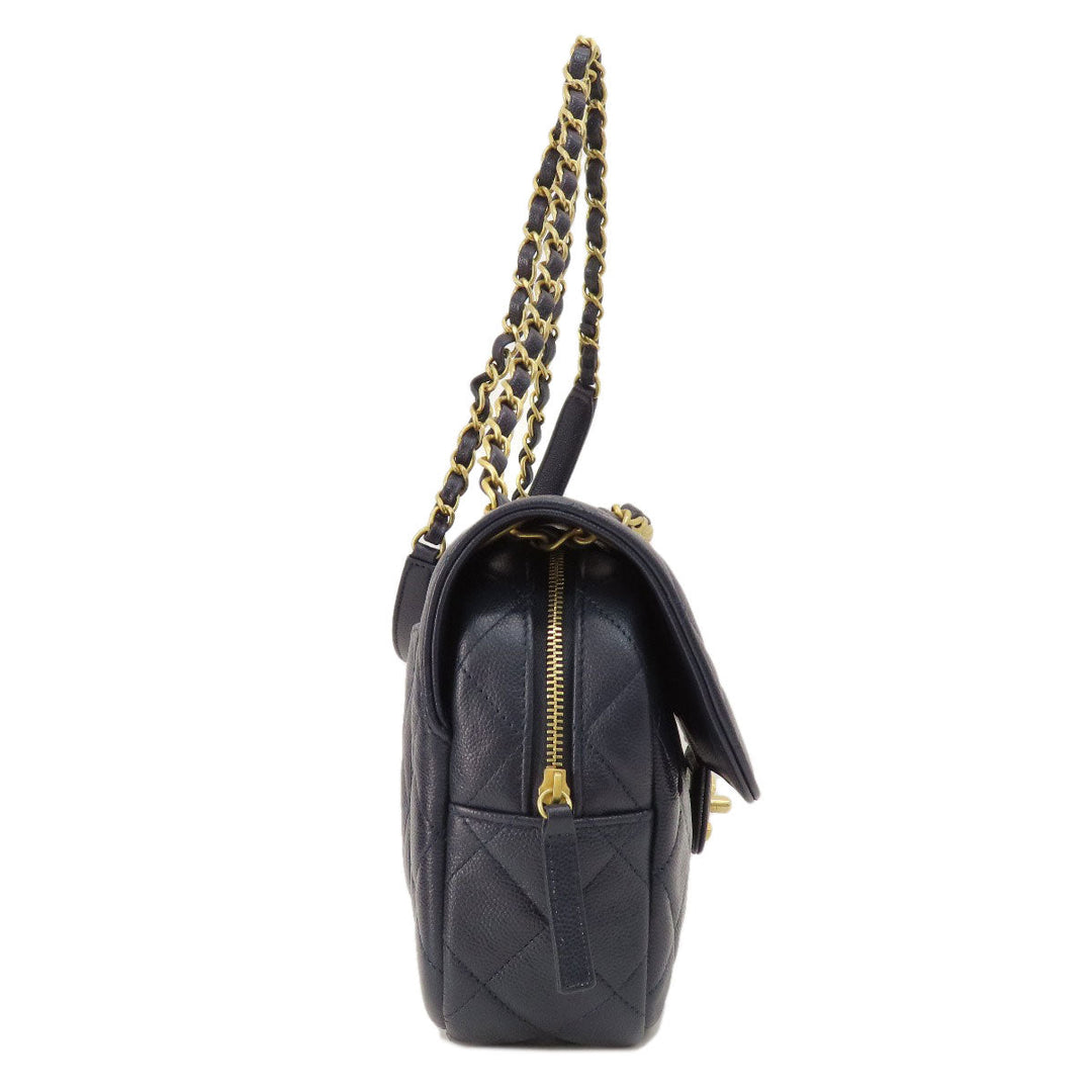 CHANEL Shoulder Bag Grained Calfskin Skin Navy Matelasse ChainShoulder Gold Metal