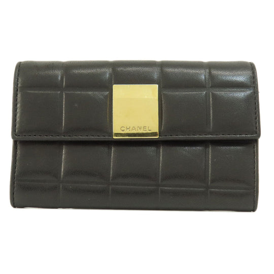 CHANEL Bifold Wallet Calfskin black Chocolate Bar Gold Metal Women Used Authentic