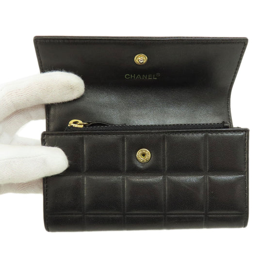 CHANEL Bifold Wallet Calfskin black Chocolate Bar Gold Metal Women Used Authentic