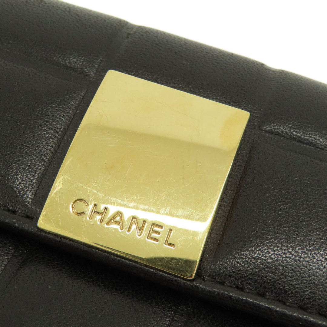 CHANEL Bifold Wallet Calfskin black Chocolate Bar Gold Metal Women Used Authentic
