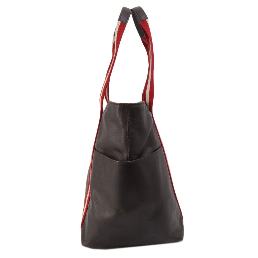 BALLY Tote Bag leather Brown Barry Stripe Women Used Authentic