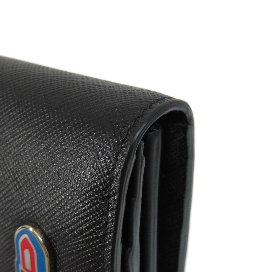 PRADA Long Wallet Purse 1MH132 leather black Saffiano pin badge Women Used Authentic