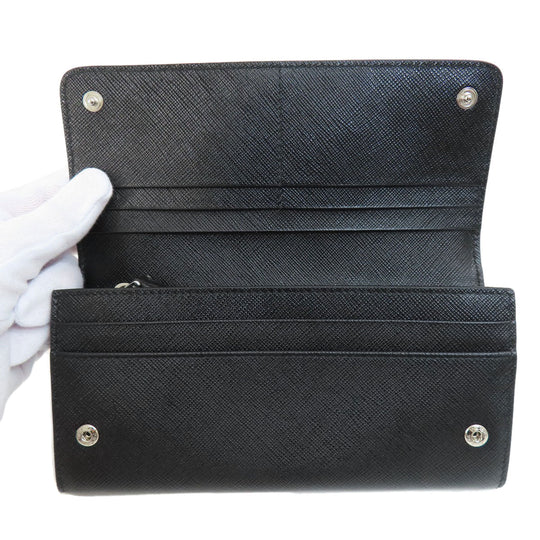 PRADA Long Wallet Purse 1MH132 leather black Saffiano pin badge Women Used Authentic