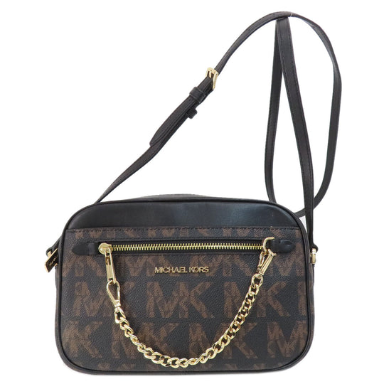 MICHAEL KORS Shoulder Bag Leather, Coated Canvas black MK signature Women Used Authentic