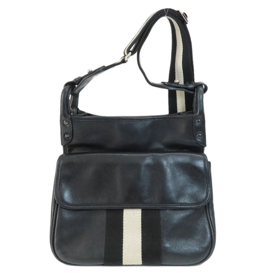 BALLY Shoulder Bag leather black stripe Women Used Authentic