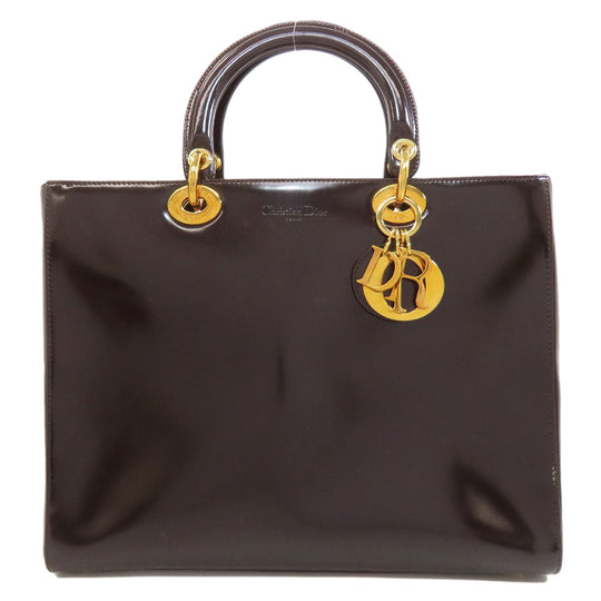 Christian Dior Tote Bag Patent leather Brown Lady Dior Women Used Authentic