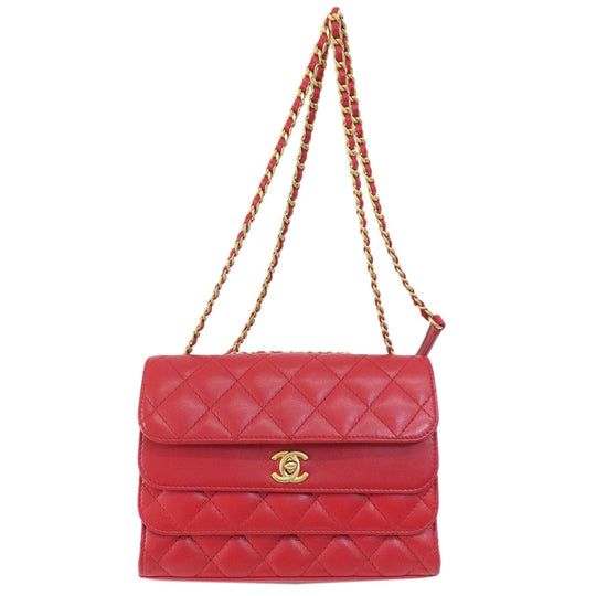 CHANEL Shoulder Bag lambskin Red ChainShoulder Matelasse SilverMetal