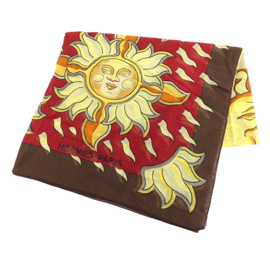 HERMES Stall cotton Brown Sun pattern large scarf Women Used Authentic