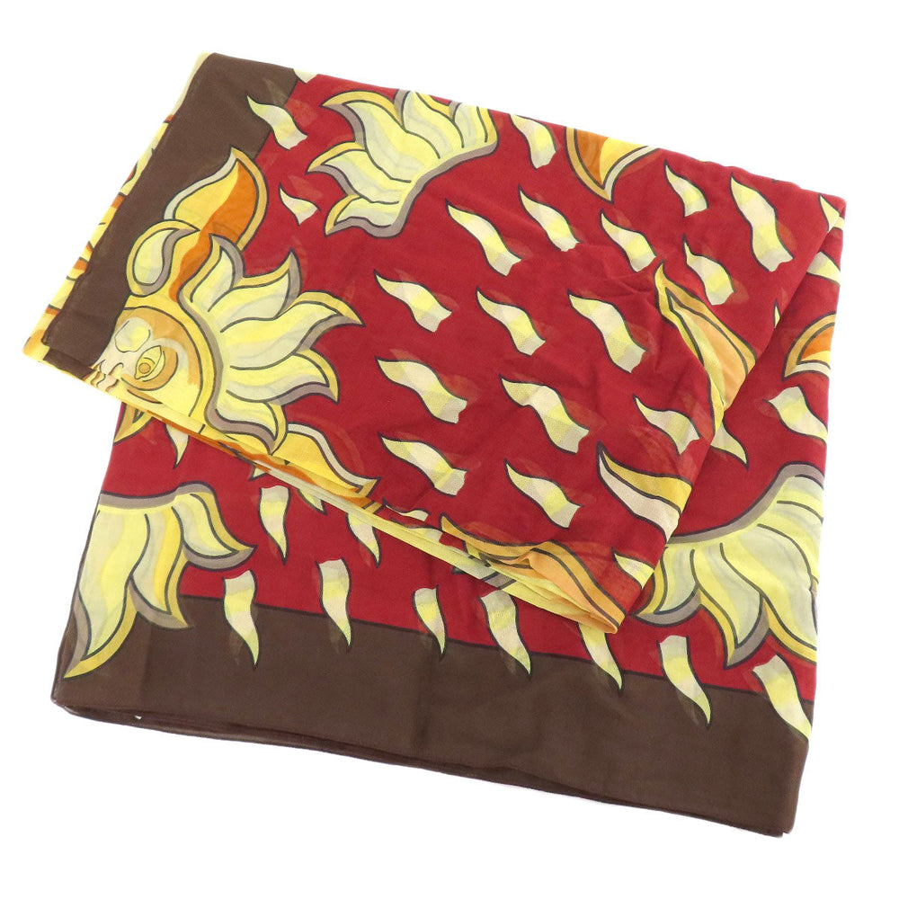 HERMES Stall cotton Brown Sun pattern large scarf Women Used Authentic