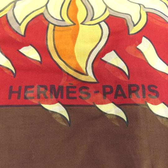 HERMES Stall cotton Brown Sun pattern large scarf Women Used Authentic