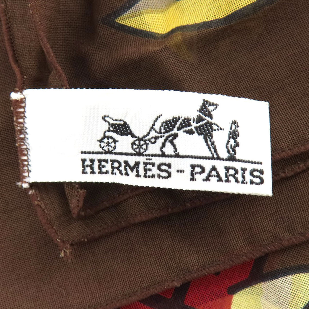 HERMES Stall cotton Brown Sun pattern large scarf Women Used Authentic