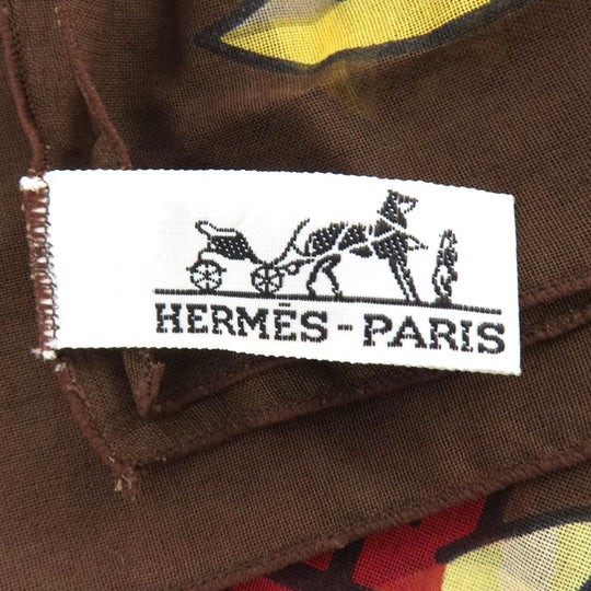 HERMES Stall cotton Brown Sun pattern large scarf Women Used Authentic
