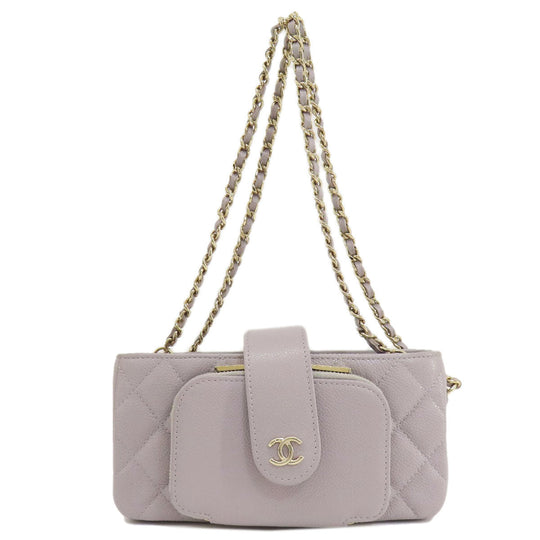 CHANEL Shoulder Bag Grained Calfskin Skin gray Matelasse Gold Metal