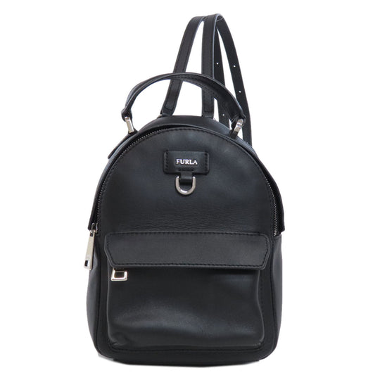 Furla Backpack leather black logo Women Used Authentic