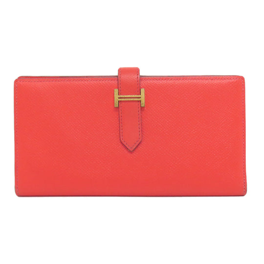 HERMES Long Wallet Purse Epsom Red Bearn Soufflet Gold Metal Women Used Authentic