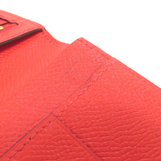 HERMES Long Wallet Purse Epsom Red Bearn Soufflet Gold Metal Women Used Authentic
