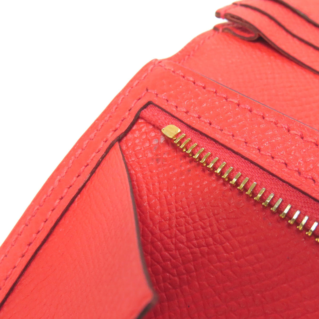 HERMES Long Wallet Purse Epsom Red Bearn Soufflet Gold Metal Women Used Authentic
