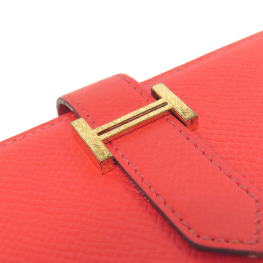 HERMES Long Wallet Purse Epsom Red Bearn Soufflet Gold Metal Women Used Authentic