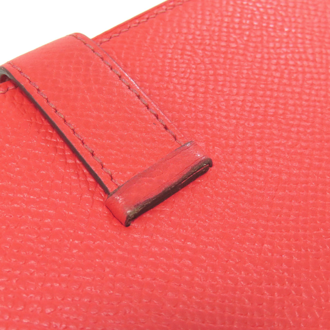 HERMES Long Wallet Purse Epsom Red Bearn Soufflet Gold Metal Women Used Authentic