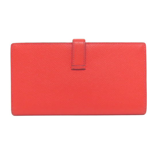 HERMES Long Wallet Purse Epsom Red Bearn Soufflet Gold Metal Women Used Authentic
