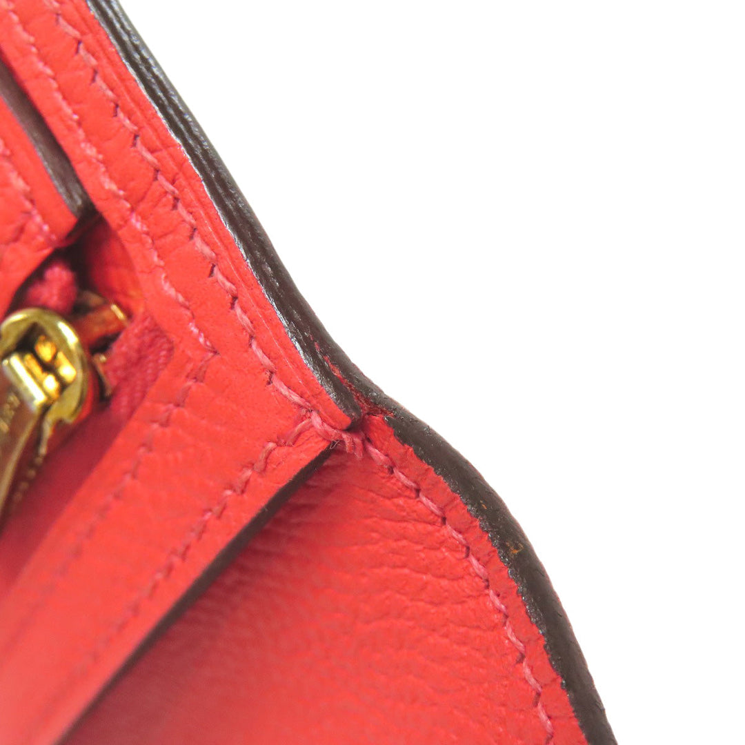 HERMES Long Wallet Purse Epsom Red Bearn Soufflet Gold Metal Women Used Authentic