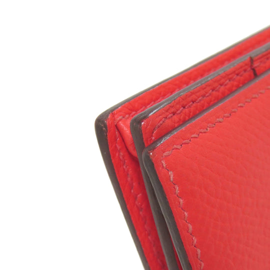 HERMES Long Wallet Purse Epsom Red Bearn Soufflet Gold Metal Women Used Authentic