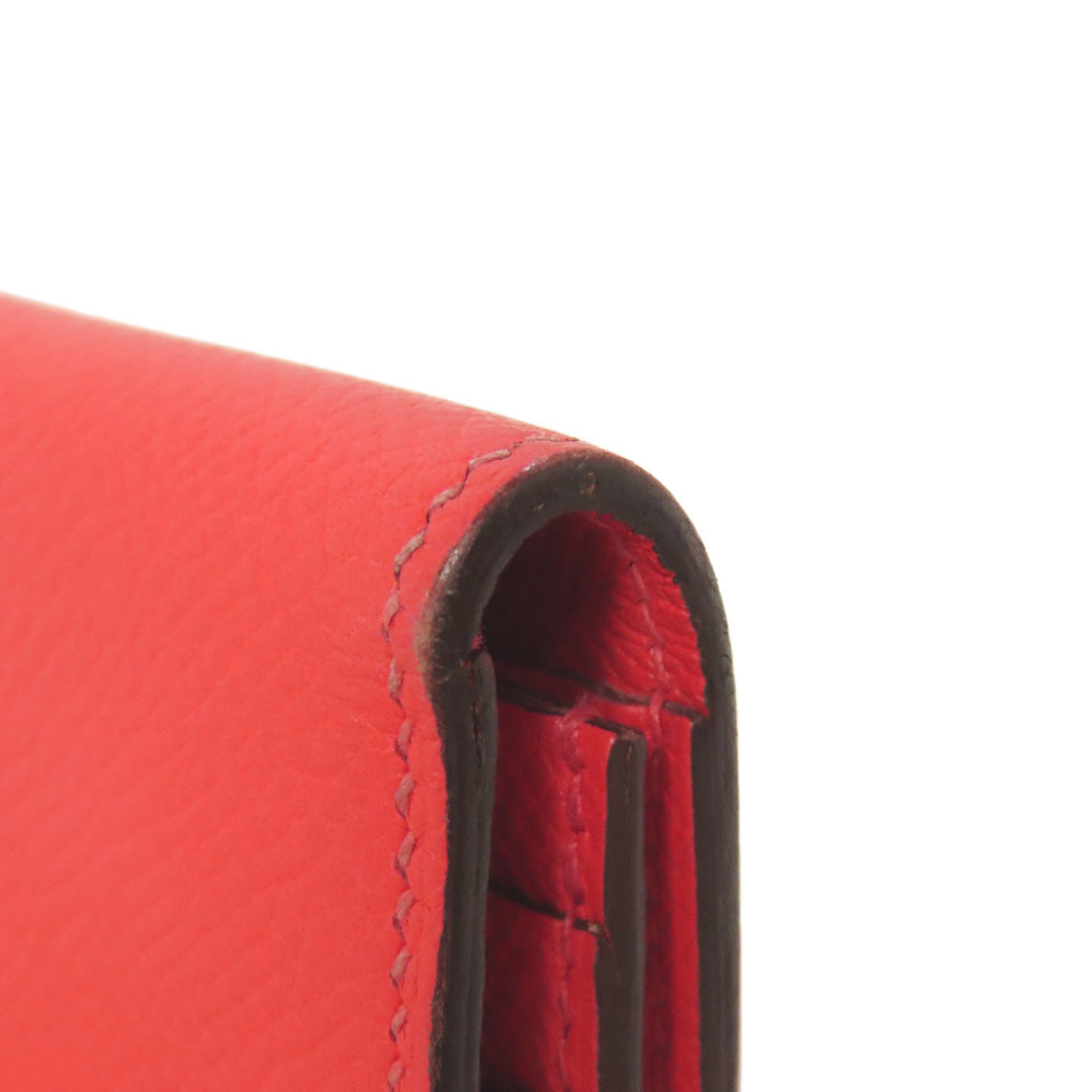 HERMES Long Wallet Purse Epsom Red Bearn Soufflet Gold Metal Women Used Authentic