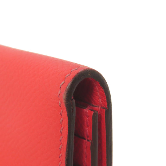 HERMES Long Wallet Purse Epsom Red Bearn Soufflet Gold Metal Women Used Authentic