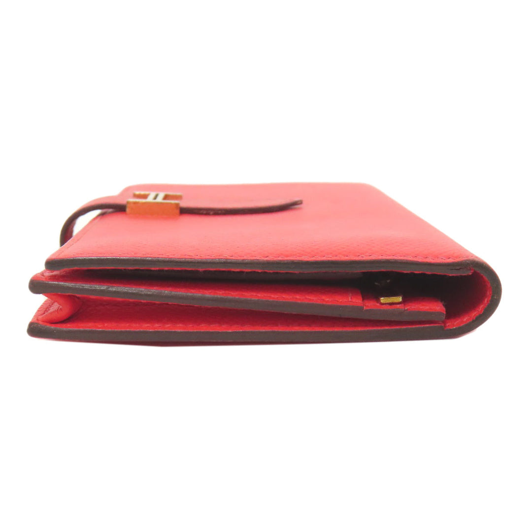 HERMES Long Wallet Purse Epsom Red Bearn Soufflet Gold Metal Women Used Authentic