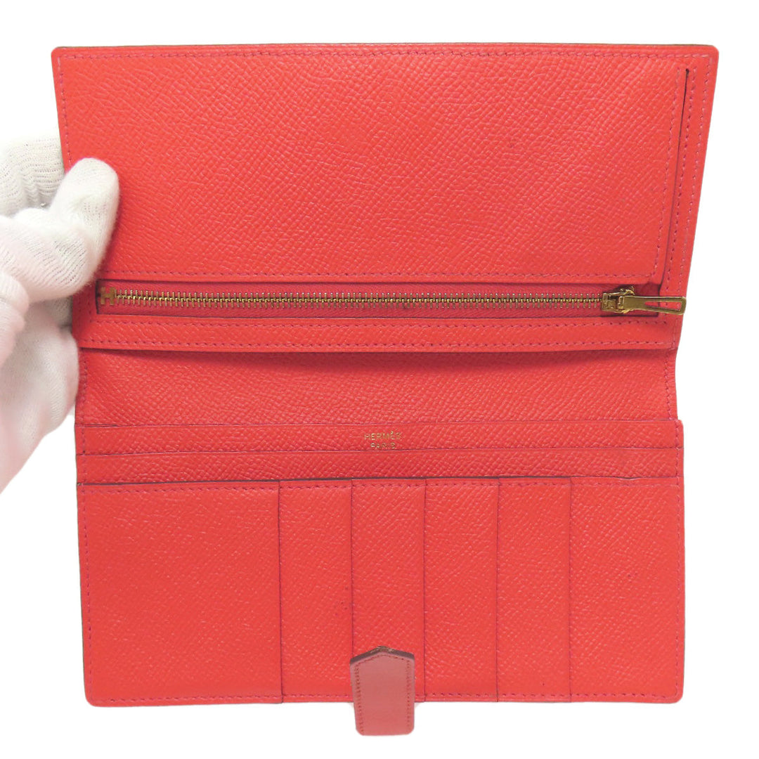 HERMES Long Wallet Purse Epsom Red Bearn Soufflet Gold Metal Women Used Authentic